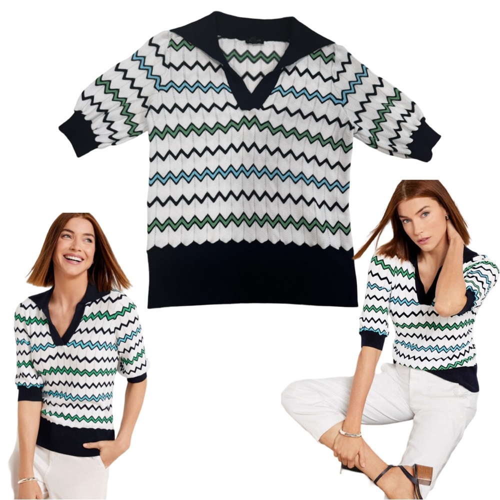 TALBOTS KNIT SHORT SLEEVE SWEATER V NECK ZIGZAG CHEVRON LAYERING PETITE CASUAL - Picture 1 of 7